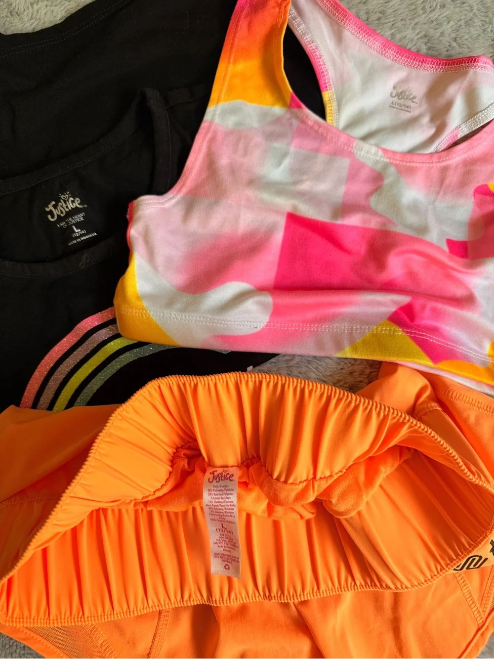 Justice Girls Black 'Be Kind Always' Tank Top, Sports Bra & Orange Shorts